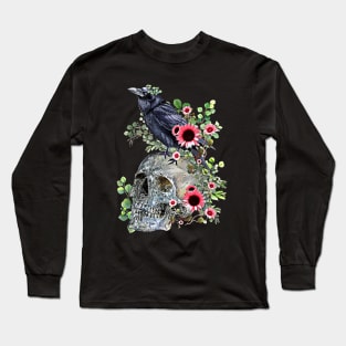 Black raven with skull and leaves crow, skeleton leaves eucaliptus and pink sunflowers Long Sleeve T-Shirt